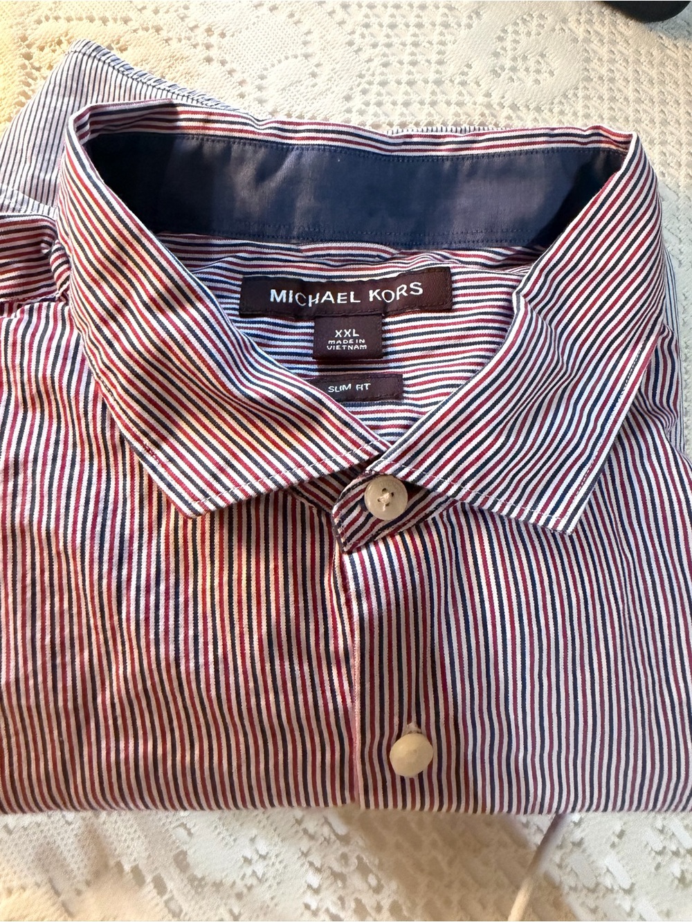 Michael Kors Men's Navy and Red Striped Dress Shirt